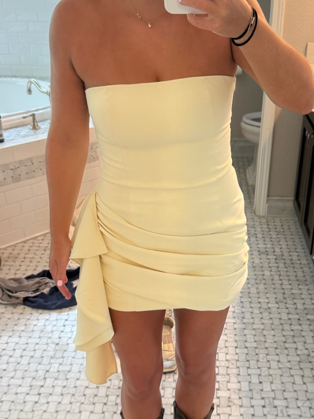 Peppermayo Strapless Ruched Mini Dress in Pale Yellow